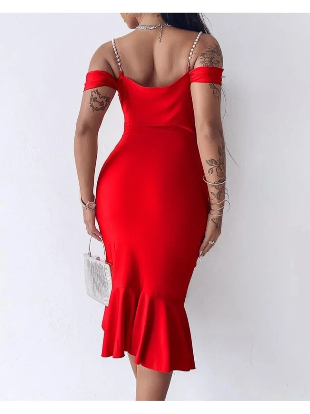 👗Women's Red Off Shoulder Design Cocktail  Pearls Strap Bodycon Midi Dress